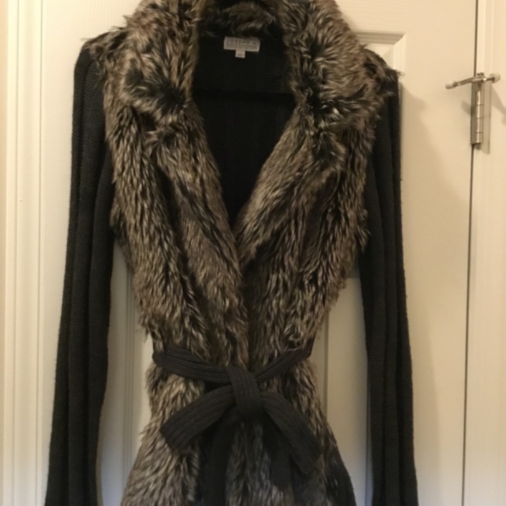 JOSEPH A FAUX FUR CARDIGAN BELTED GRAY SIZE: SMALL
